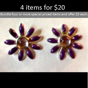 Vintage Purple and Silver Enamel Flower Pierced Earrings